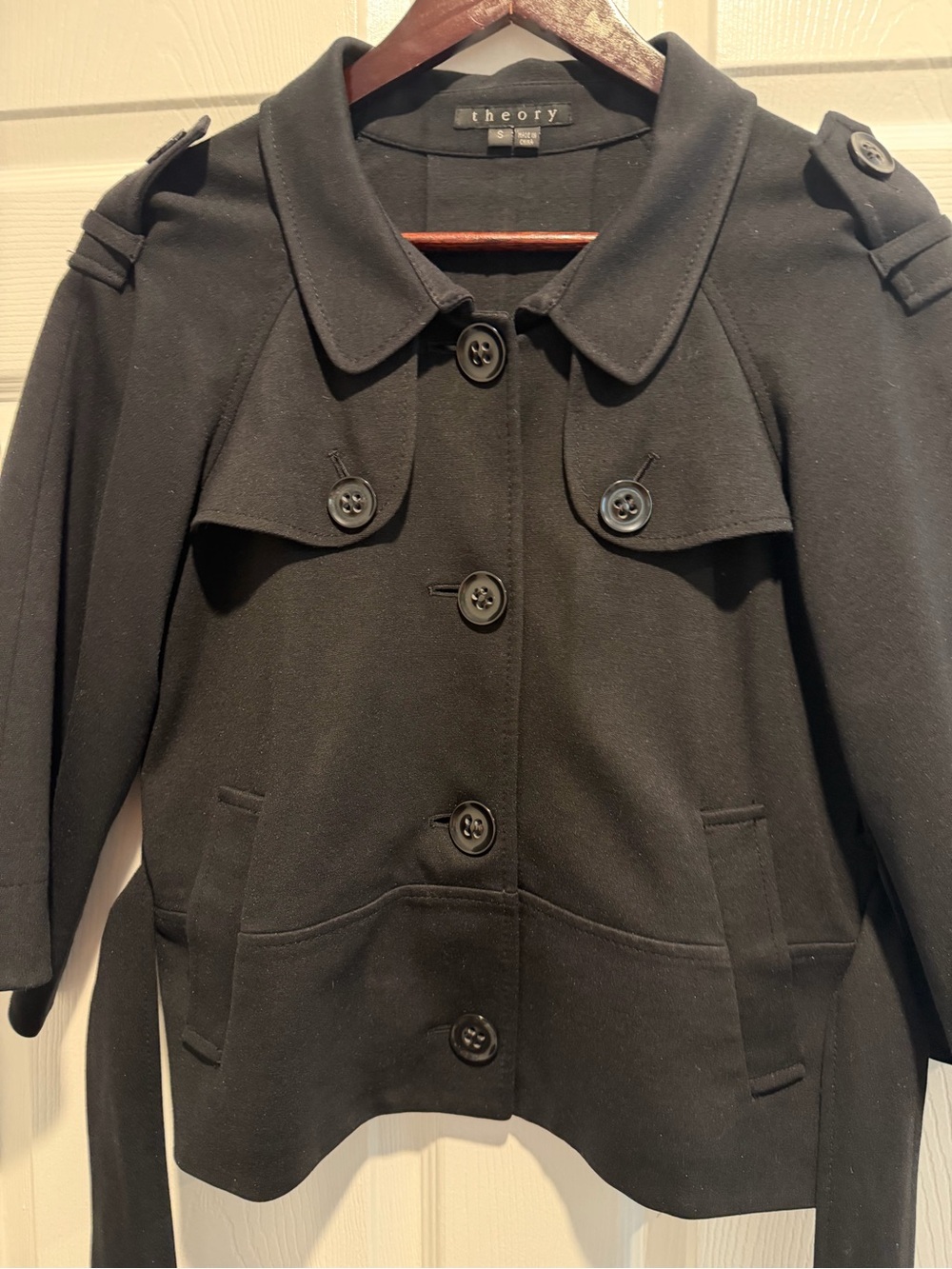 Theory Black Cropped Trench Coat with Belt - Picture 6 of 9